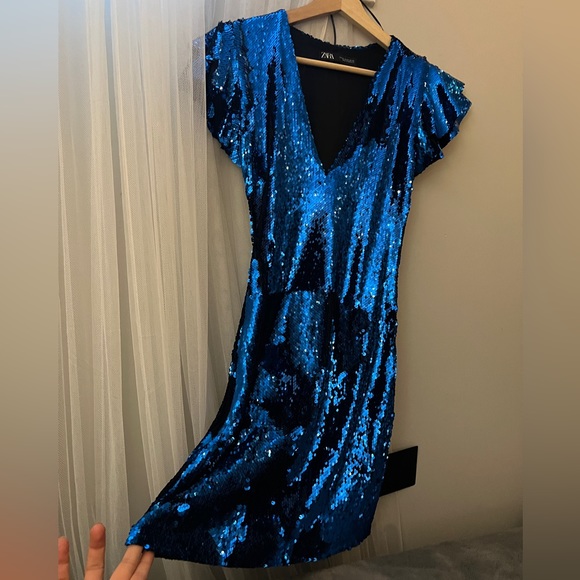 Zara sequin mini dress in blue. NWOT. XS - Picture 6 of 8